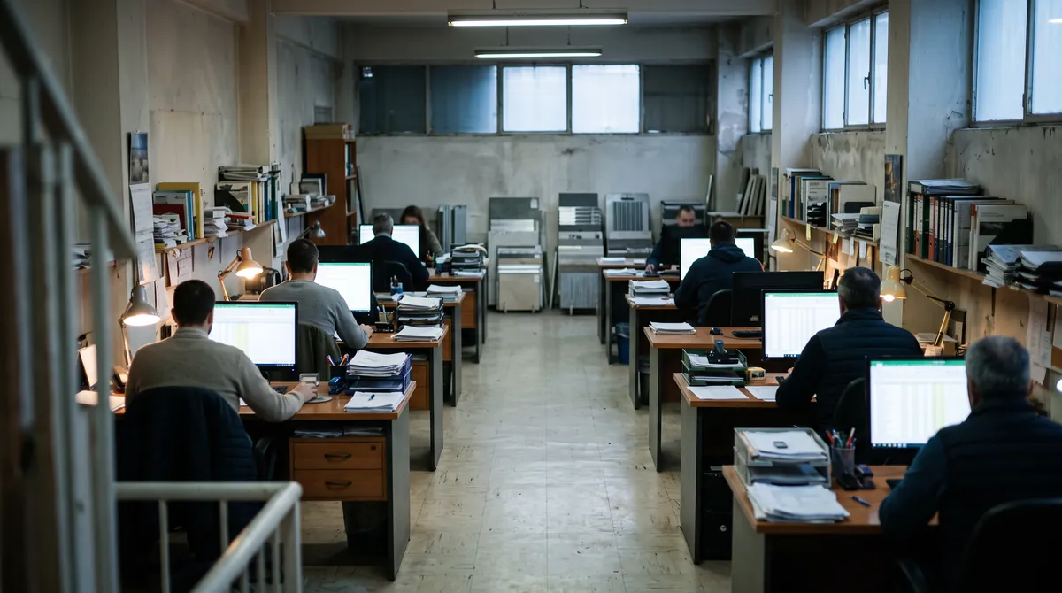 Λογιστήριο χονδρεμπορίου οικοδομικών υλικών από τον ημιώροφο: γραφεία με μικρές στοίβες χαρτιών και οθόνες, υπάλληλοι που φαίνονται από πίσω, δείγματα υλικών στον τοίχο και φως φθορισμού μαζί με λίγο φως ημέρας.