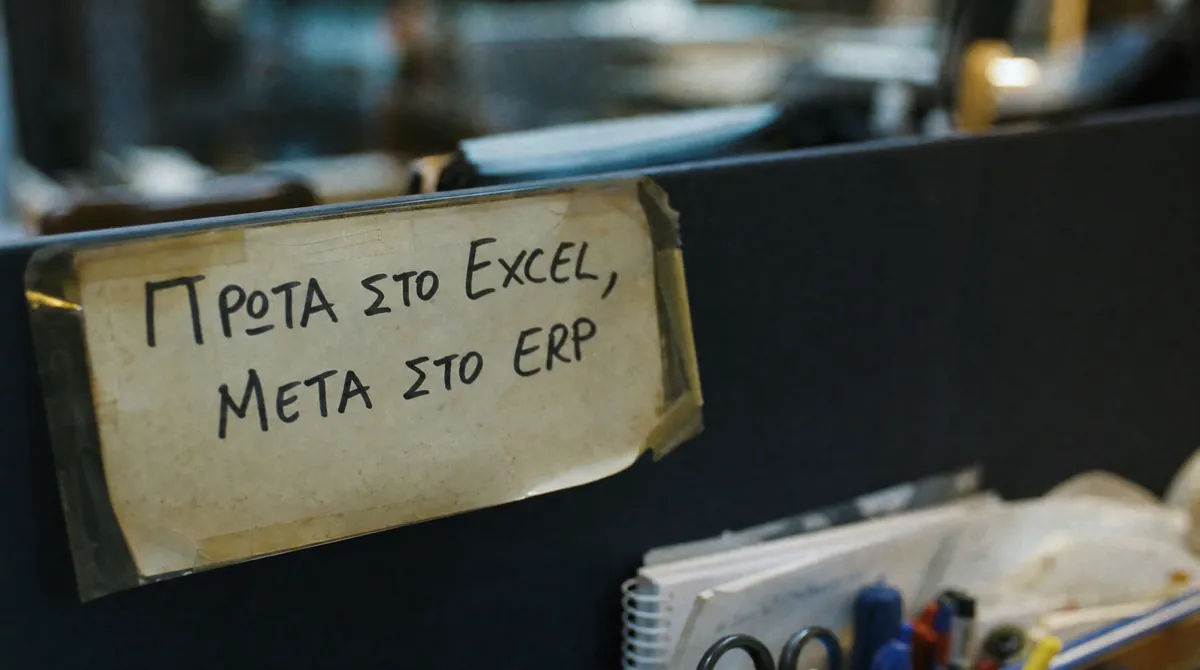 Κιτρινισμένο πλαστικοποιημένο σημείωμα κολλημένο με ταινία σε διαχωριστικό γραφείου, γραμμένο με μαύρο μαρκαδόρο: «ΠΡΩΤΑ ΣΤΟ EXCEL, ΜΕΤΑ ΣΤΟ ERP».