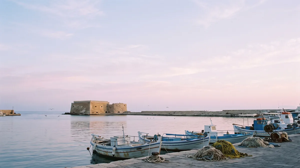 Το ενετικό λιμάνι του Ηρακλείου νωρίς το πρωί: ο Κούλες στην άκρη του μόλου και ψαροκάικα δεμένα στην προκυμαία, κάτω από ροζ-γαλάζιο ουρανό.