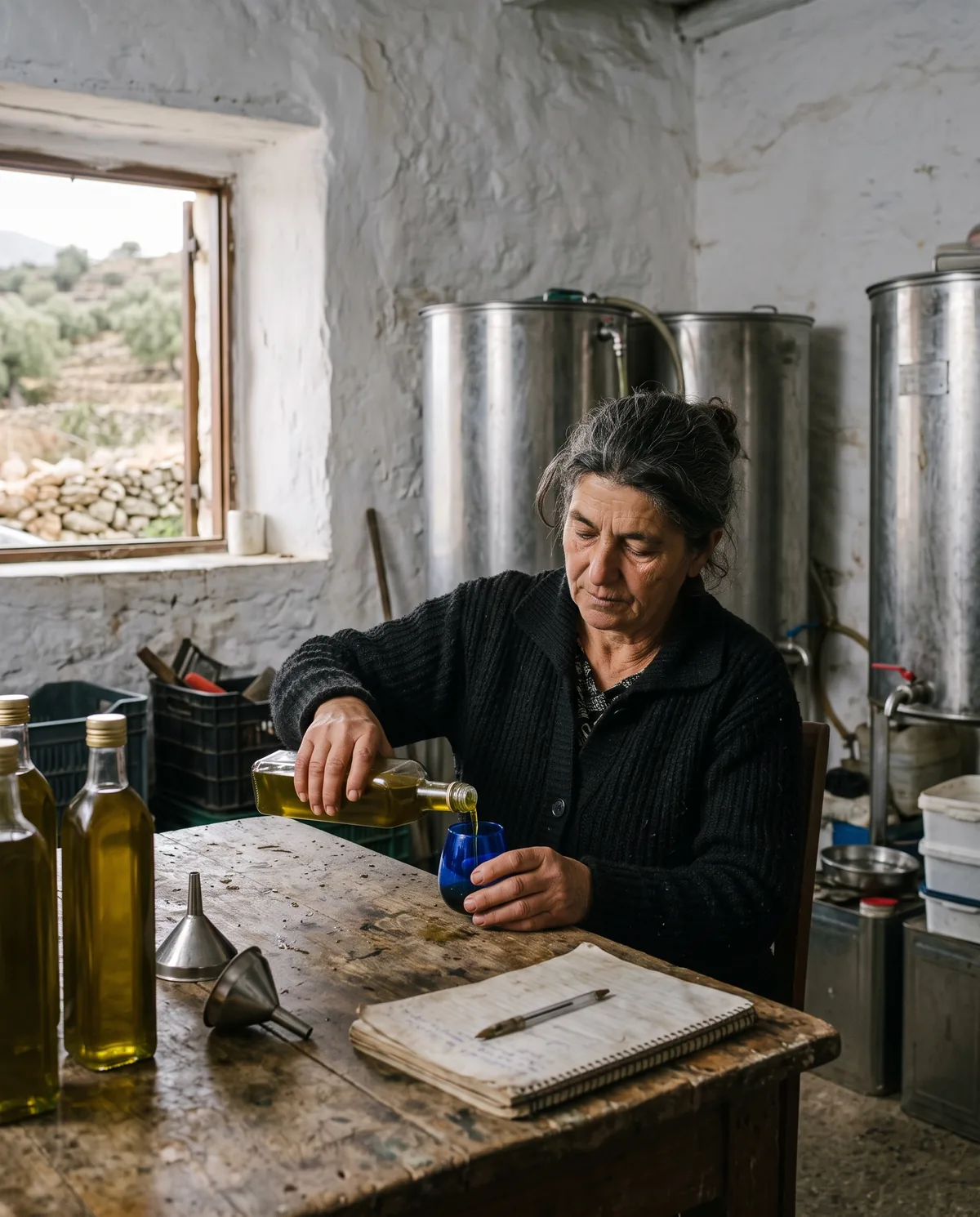 Γυναίκα σερβίρει ελαιόλαδο από μπουκάλι χωρίς ετικέτα σε μπλε ποτήρι γευσιγνωσίας, σε φθαρμένο ξύλινο τραπέζι μιας ασβεστωμένης αποθήκης με ανοξείδωτες δεξαμενές και ελαιώνες έξω από το παράθυρο.