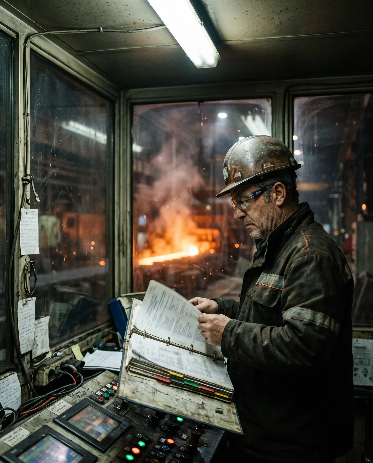 Στη νυχτερινή βάρδια, μέσα στον θάλαμο ελέγχου μιας χαλυβουργίας, ένας χειριστής με κράνος ξεφυλλίζει έναν χοντρό φάκελο διαδικασιών, με τη λάμψη του πυρωμένου χάλυβα πίσω από το τζάμι.