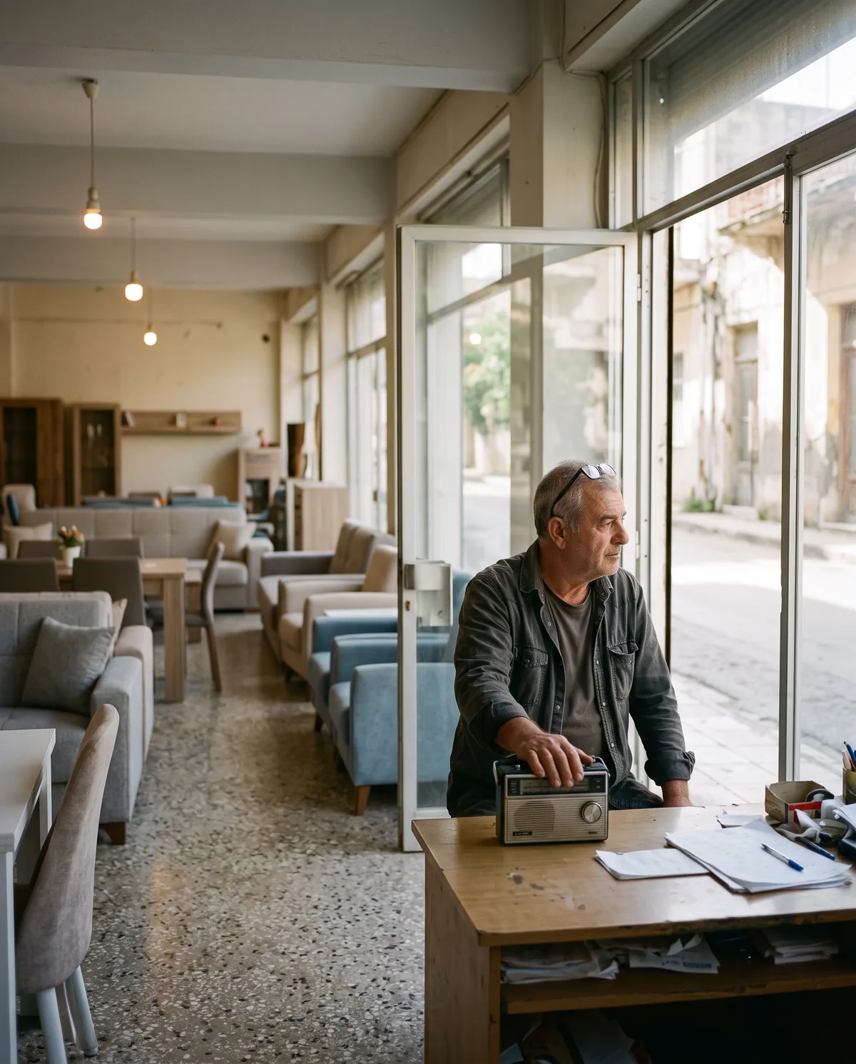Σε άδειο κατάστημα επίπλων, ο ιδιοκτήτης κάθεται με το χέρι πάνω σε ένα μικρό παλιό ραδιόφωνο και κοιτάζει από τη βιτρίνα τον ήσυχο δρόμο.