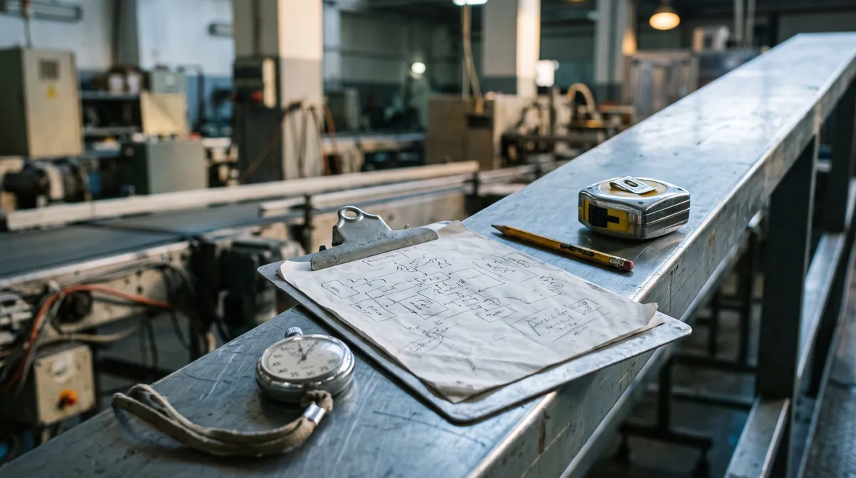 A mechanical stopwatch, an aluminium clipboard with a hand-drawn process map of boxes and arrows, a pencil and a tape measure on the steel guard rail of a production line, the conveyor blurred behind.