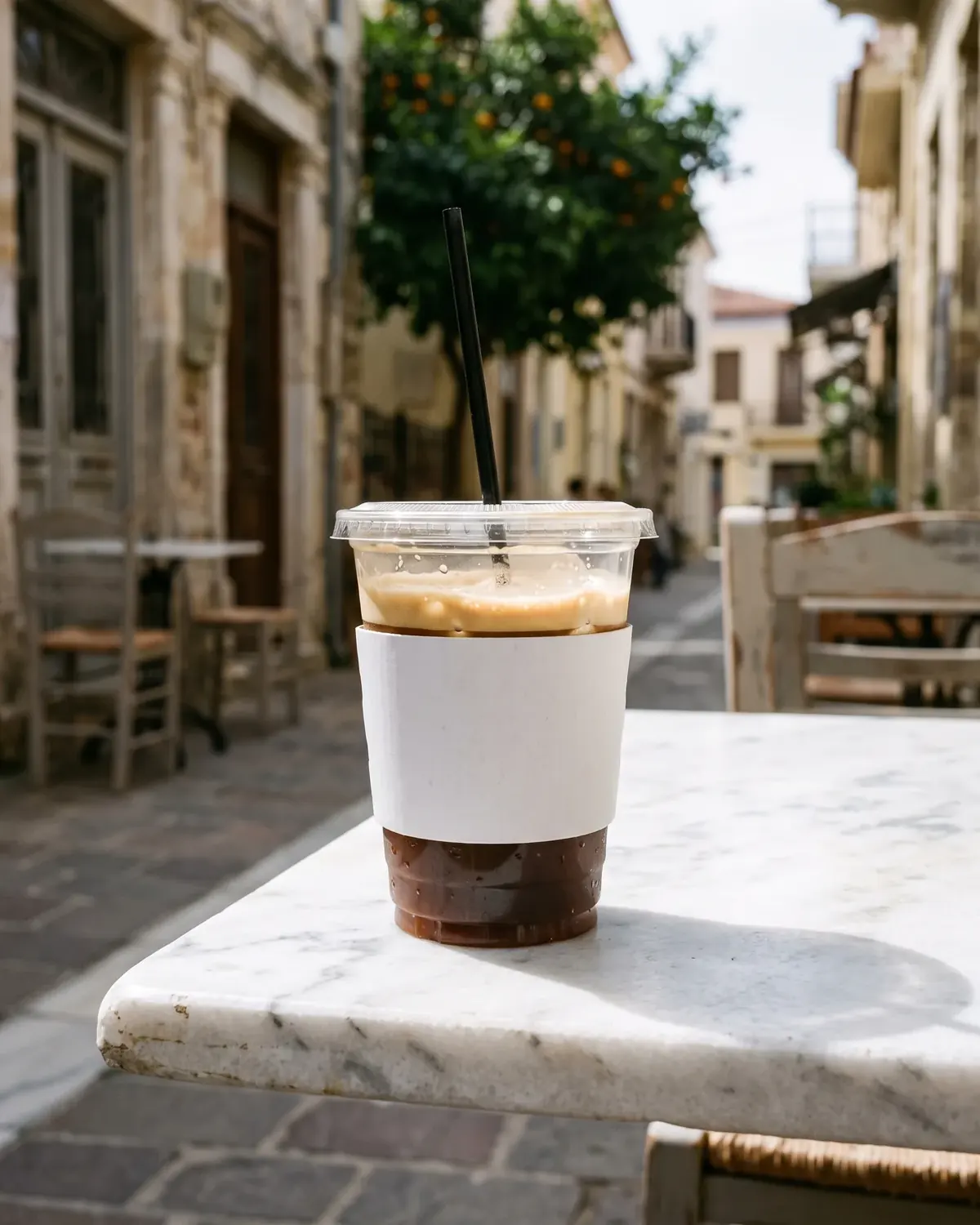 Freddo espresso σε πλαστικό ποτήρι με λευκή χάρτινη θήκη, σε μαρμάρινο τραπεζάκι καφέ σε στενό της παλιάς πόλης