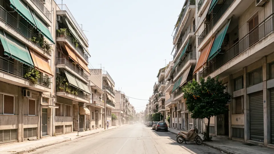 Σχεδόν άδειος δρόμος με πολυκατοικίες στις δύο το μεσημέρι, με κατεβασμένες τέντες και τον αέρα να τρεμοπαίζει από τη ζέστη
