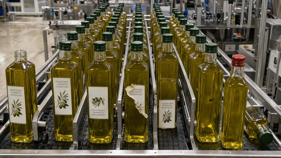 Εικόνα φτιαγμένη με AI: γραμμή εμφιάλωσης ελαιολάδου με σειρές από γυάλινα μπουκάλια σε ανοξείδωτο ταινιόδρομο, με πράσινα καπάκια και ελληνικές ετικέτες. Σε αυτόν τον γύρο μετράνε πέντε ελαττώματα.