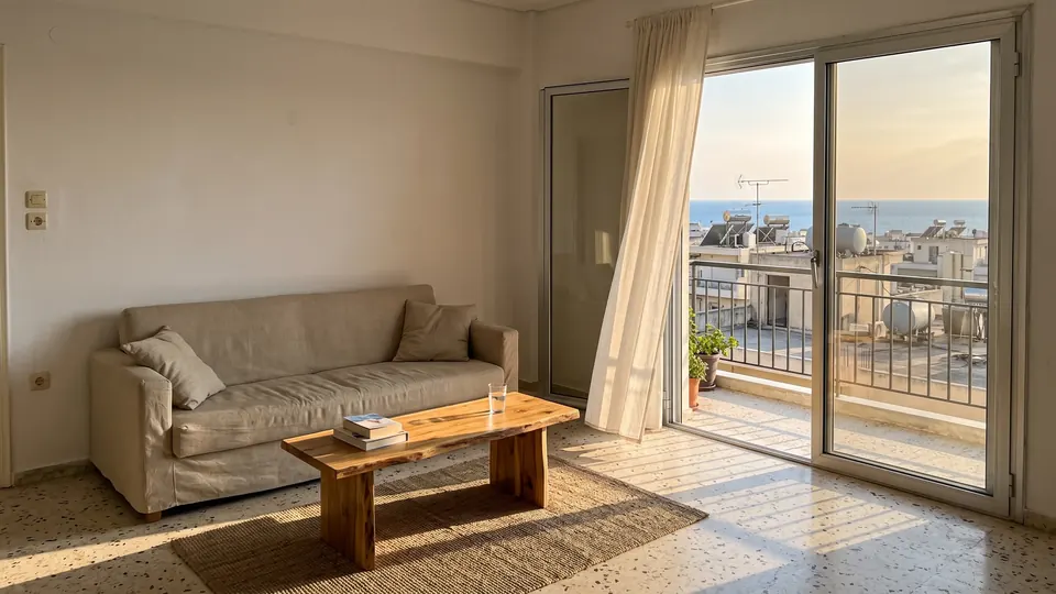 Σαλόνι διαμερίσματος στο Ηράκλειο με απογευματινό φως στο μωσαϊκό δάπεδο και θέα στη θάλασσα από την μπαλκονόπορτα