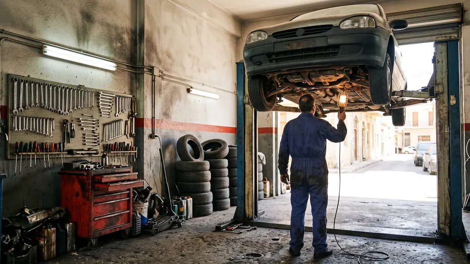 Mechanic, back to camera, inspecting the underside of a raised car with a work lamp in a small neighbourhood garage