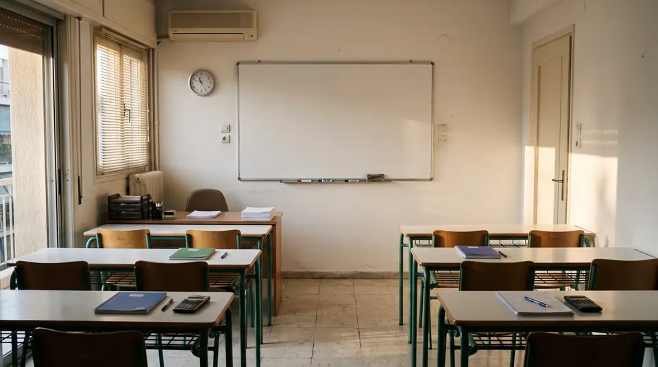 Άδεια αίθουσα φροντιστηρίου το απόγευμα, με θρανία, τετράδια και ήλιο που μπαίνει από τα στόρια. Στον λευκό πίνακα, έξι γραμμές λύσης για ένα όριο και ένα χρονόμετρο 30 δευτερολέπτων.