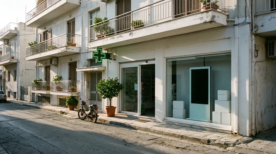 A neighbourhood pharmacy in Heraklion early in the morning, with a glowing green cross and a switched-off screen in the window, a potted bitter-orange tree and a moped on the pavement.