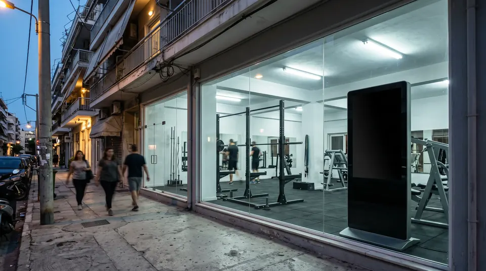 A neighbourhood gym window in Heraklion at dusk, with people walking past on the pavement. On the upright screen behind the glass, a pose skeleton halfway through a squat and a "0/20" counter.
