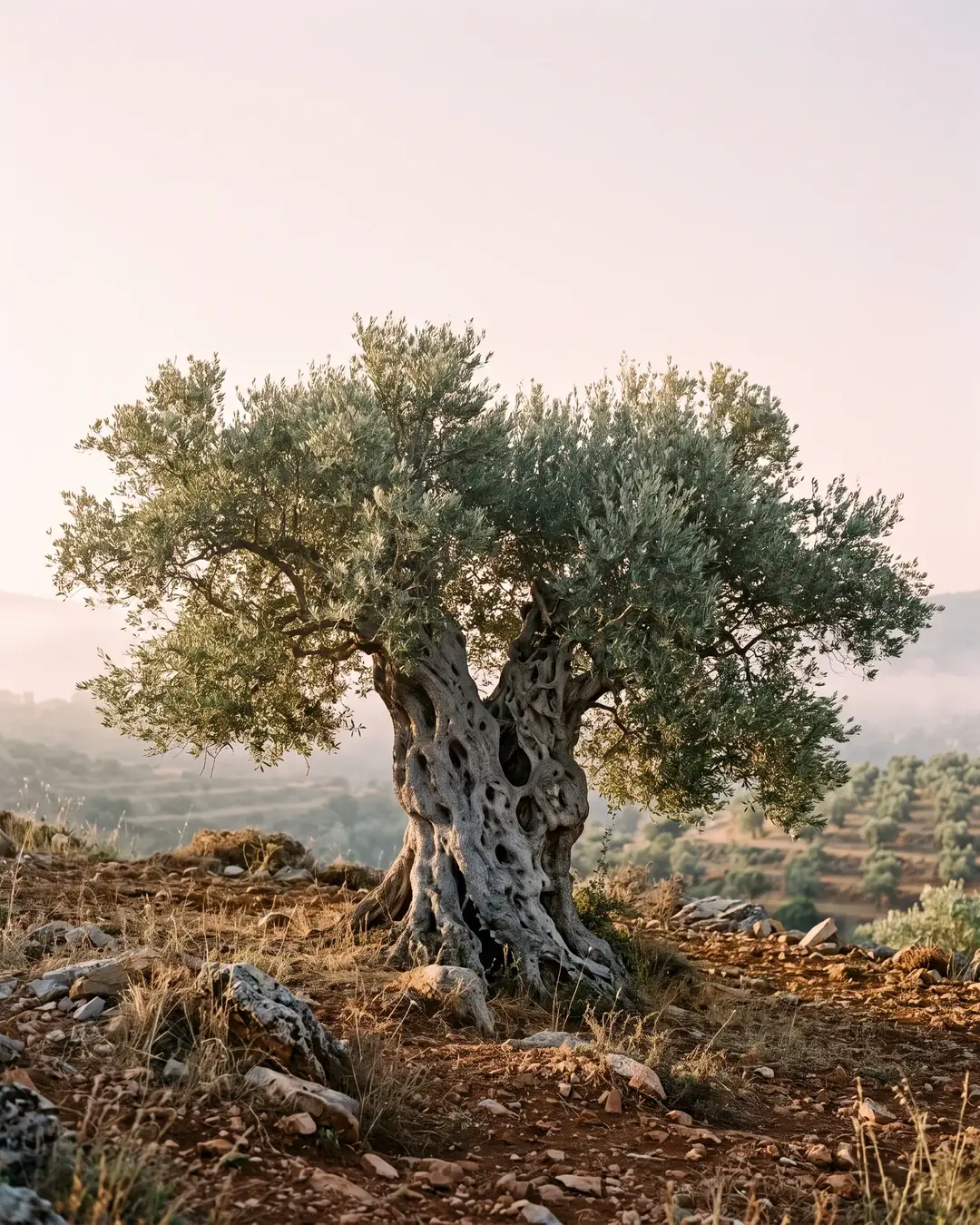 Αιωνόβια ελιά με χοντρό, στριφτό κορμό μόνη της σε πεζούλα ελαιώνα στην Κρήτη, την αυγή, με ομίχλη στην κοιλάδα πίσω της.