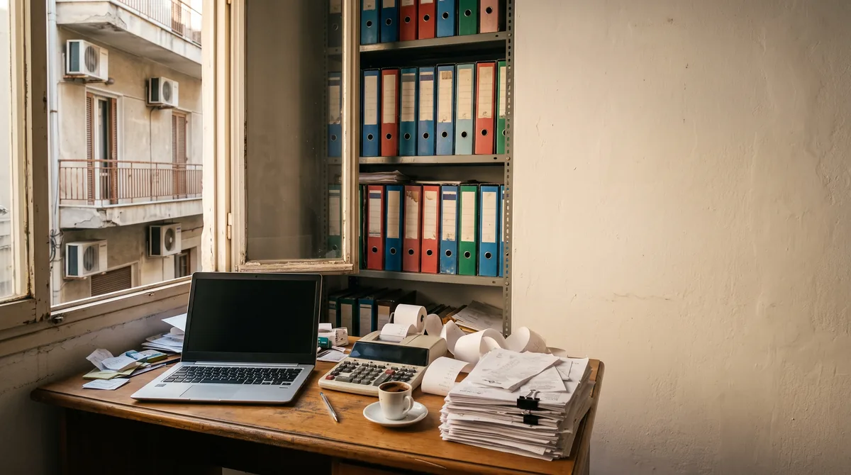 Γραφείο λογιστή με σβηστό laptop, αριθμομηχανή με χαρτοταινία, στοίβα τιμολογίων και κλασέρ στο ράφι.