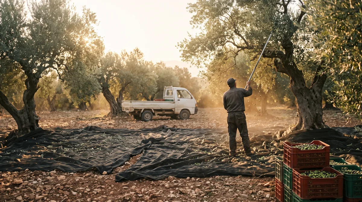 Μάζεμα ελιάς σε παλιό ελαιώνα το απόγευμα, με λιόπανα στο χώμα, τελάρα γεμάτα ελιές και αγρότη που ραβδίζει, με την πλάτη στον φακό.