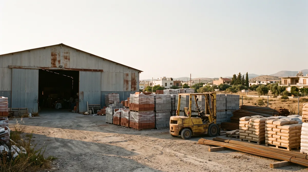 Αυλή οικοδομικών υλικών το απόγευμα, με παλέτες τούβλων και τσιμεντόλιθων, σακιά τσιμέντο, σίδερα και κλαρκ μπροστά σε αποθήκη.