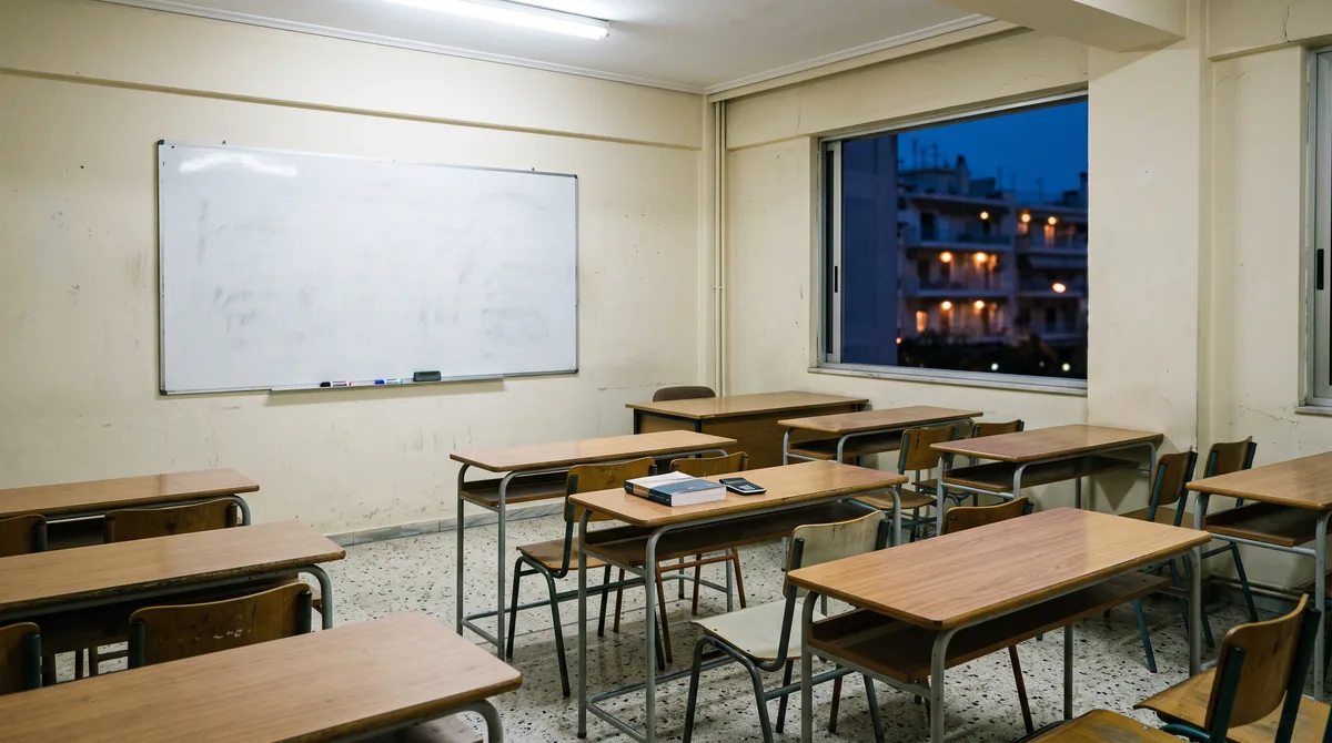 Άδεια αίθουσα φροντιστηρίου το βράδυ, με σβησμένο λευκό πίνακα, ξύλινα θρανία και παράθυρο προς φωτισμένη πολυκατοικία.