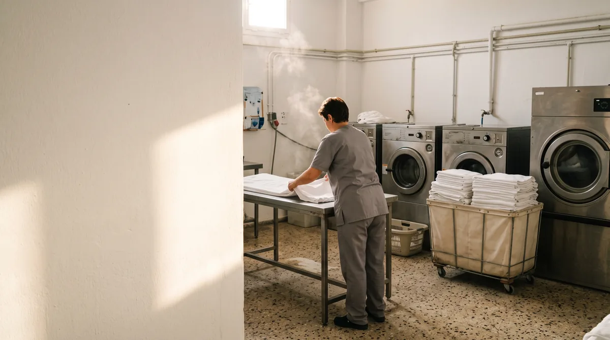 Πλυντήριο ξενοδοχείου με βιομηχανικές μηχανές πλύσης, καρότσι με διπλωμένες πετσέτες και καμαριέρα που διπλώνει σεντόνι.